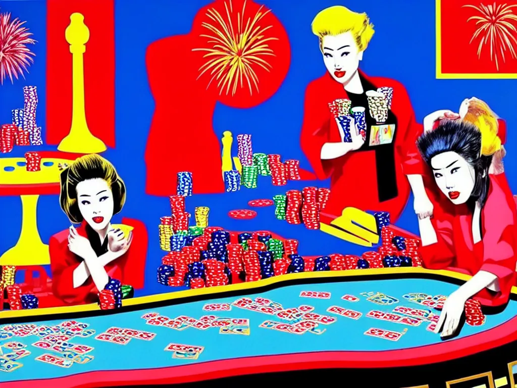 Image similar to hyper - realistic composition of a room in a casino with an extremely detailed poker table, croupier in traditional japanese kimono standing nearby fireworks in the background, pop art style, jackie tsai style, andy warhol style, acrylic on canvas