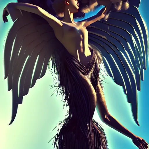 Image similar to fantasy angel with wings inspired avant - garde art, deco fashion, highly detailed, photorealistic portrait, bright studio setting, studio lighting, crisp quality and light reflections, unreal engine 5 quality render