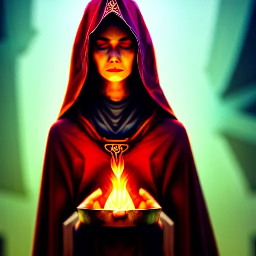 Image similar to ( a priestess with a hood that covers half her face carries an incense burner that emits a pleasantly colored flame. ) by anato finnstark, photorealistic, fullbody portrait, dynamic lighting, beautiful, trending on artstation, wallpaper, 4 k, award winning, digital art, golden huese