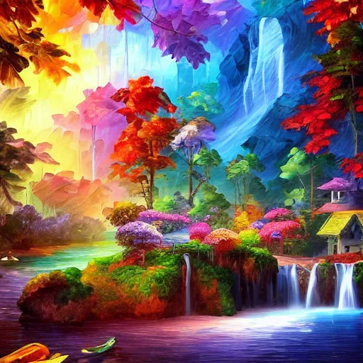 Prompt: waterfall village vibrant colors cryengine render by lisa frank, leonid afremov, android jones, rob gonsalves