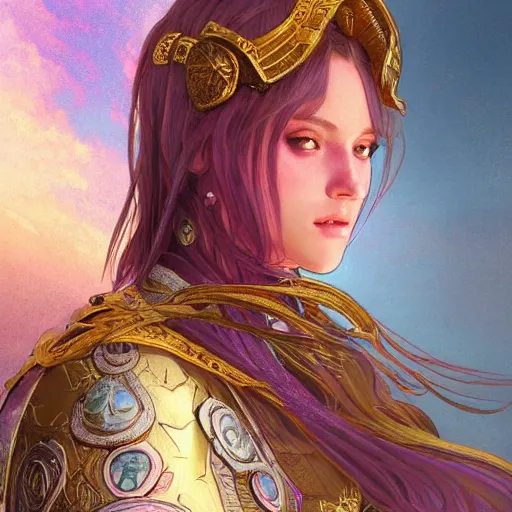 Prompt: portrait knights of Zodiac girl, metalic pink and pastel purple reflected armor, in ruined Agora of Athens sunset, ssci-fi, fantasy, intricate, very very beautiful, elegant, golden light, highly detailed, digital painting, artstation, concept art, smooth, sharp focus, illustration, art by tian zi and WLOP and alphonse mucha