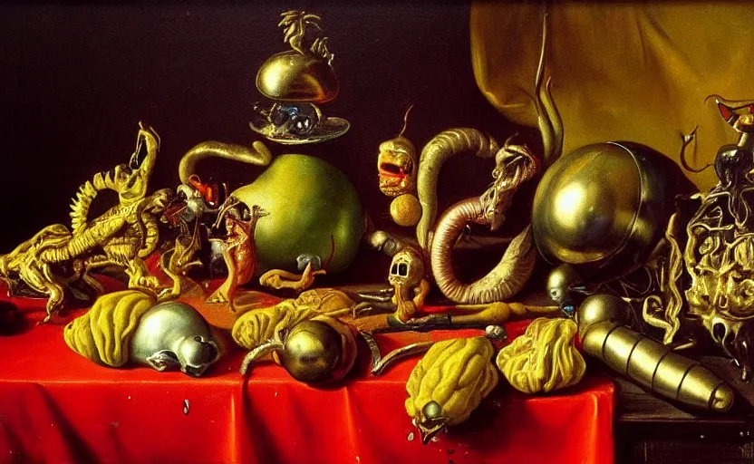 Image similar to disturbing colorful oil painting dutch golden age vanitas still life with bizarre objects strange gooey surfaces shiny metal bizarre insects rachel ruysch dali todd schorr very detailed perfect composition rule of thirds masterpiece canon 5 0 mm, cinematic lighting, photography, retro, film, kodachrome