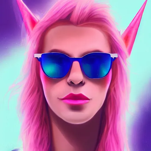Prompt: A pink unicorn with sunglasses, synthwave style, fantasy, portrait, trending on artstation, detailed, award winning