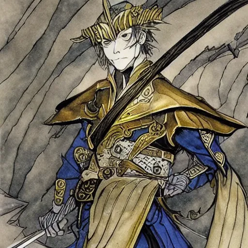 Image similar to a handsome golden magic swordsman glides through a beautiful battlefield magic the gathering dramatic esoteric pen and ink illustrated in high detail by Tatsuki Fujimoto