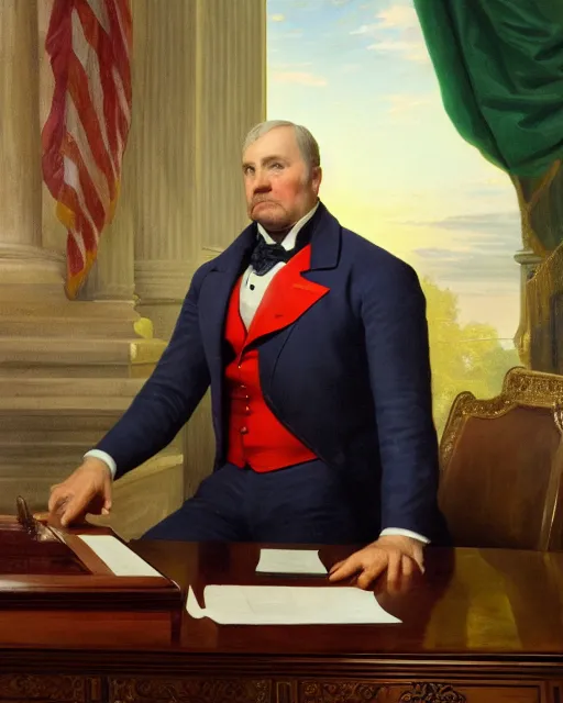 Image similar to close - up portrait of the united states president, thanos, standing at the resolute desk, 1 8 4 8, attractive, oil on canvas by william sidney mount, trending on artstation, national archives