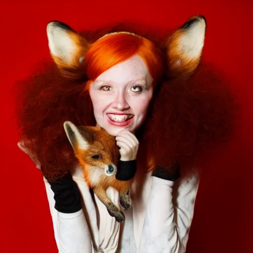 Prompt: portrait of a red haired woman, in 7 0 s clothes, holding a fox over her head while roller skating