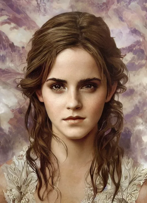 Image similar to Emma Watson photo photorealistic photograph as God of Beautifully, full body shot, cute, fantasy, intricate, elegant, highly detailed, digital painting, 4k, HDR, concept art, smooth, sharp focus, illustration, art by alphonse mucha,artgerm, H R Giger