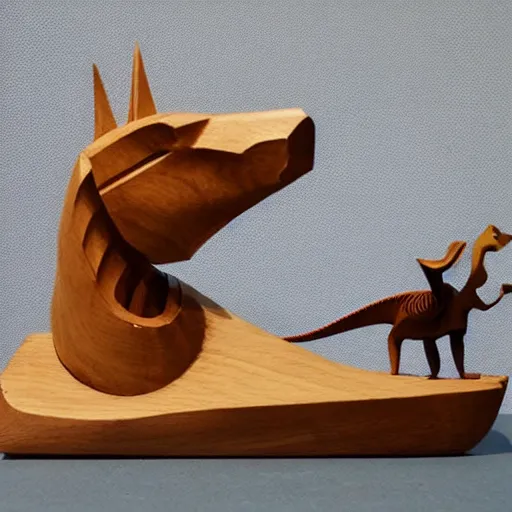 Prompt: wooden sculpture of a viking and a dinosaur, polished maple, thoughtful, elegant, real