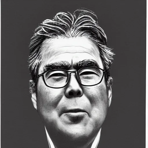 Prompt: Yoshitaka Amano realistic illustration of jeb bush ,hair fluttering in the wind, wrinkles on his face, abstract black and white patterns on the background, noisy film grain effect, highly detailed, Renaissance oil painting, weird portrait angle, blurred lost edges, three quarter view