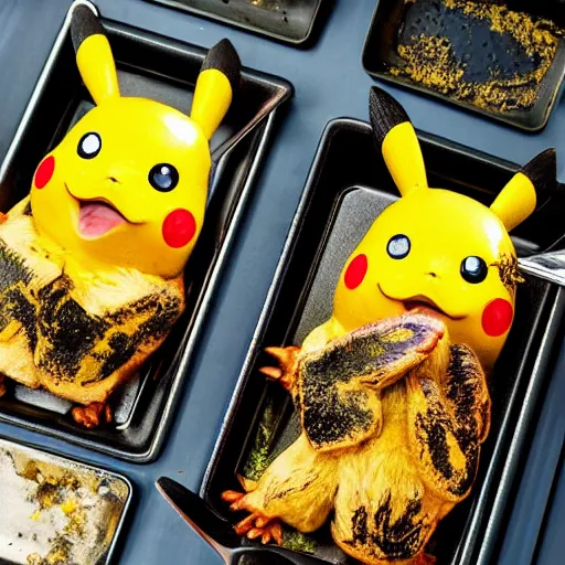 Image similar to roasted spatch pikachu in a baking tray with rosemary and thyme, cooking oil, steam, charred, ready to eat, electric sparks