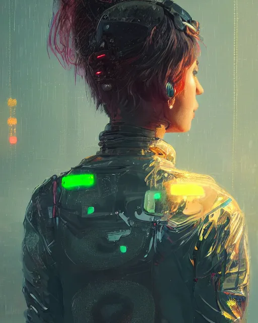Prompt: detailed portrait Neon guard woman with very short brown hair seen from the back, cyberpunk futuristic, reflective puffer jacket, black leggings, decorated with traditional ornaments by Ismail inceoglu dragan bibin hans thoma, Perfect face, fine details, realistic shaded, fine-face, pretty face