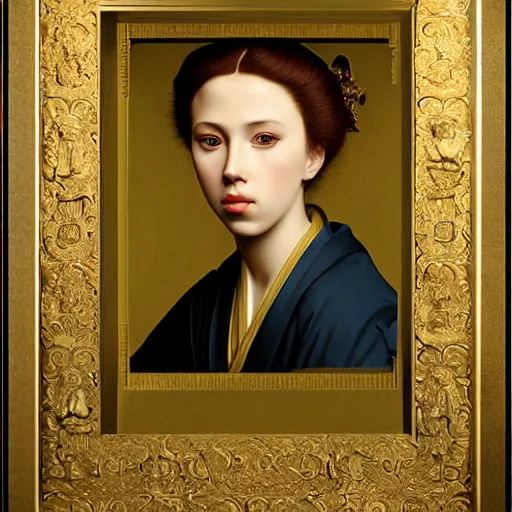 Prompt: museum quality hyper realism portrait of young scarlet johansson in japanese costume by jan van eyck, tom bagshaw, jean delville, william bouguereau, albrecht durer, decorated with art nouveau motif