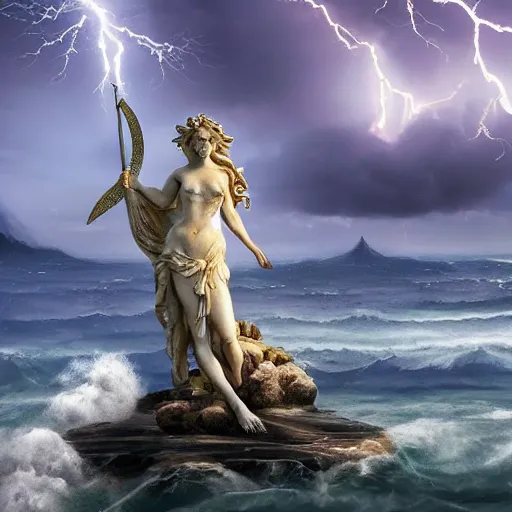 Prompt: Gigantic marble statue of the Goddess of the sea wielding a trident on an island. Roiling waves at the base. Scene lit by lightning. Thunderclouds in the background. Fantasy setting. Magic. Extremely detailed. Fantasy art style. 4k -H 1024 -W 512