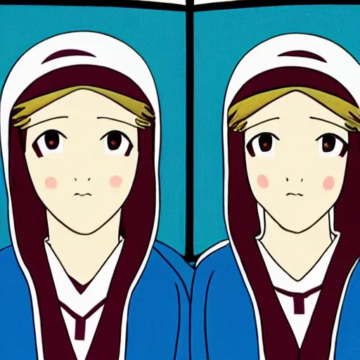 Image similar to a scene of two identical beautiful nuns face to face, clean, full of detail, subtle anime style