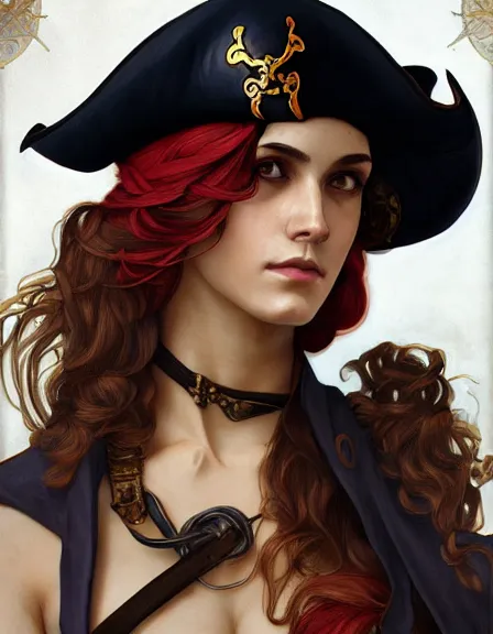 Prompt: fully clothed armed female pirate captain. sun, summer, strength, knowledge, smart, portrait, symmetrical, highly detailed, digital painting, artstation, smooth, sharp focus, illustration, strength, art by artgerm and alphonse mucha and louis theophile hingre. 8 k