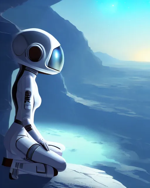 Image similar to concept art of a beautiful sleek futursitic astronaut, she is sitting in the edge of an alien cliff overlooking an alien landscape | | epic - fine - clean, polished, trending on artstation, anime style, brush strokes