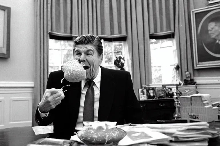 Image similar to 1 9 8 5 black and white photograph of ronald reagan dumping a huge bowl of jelly beans into his gaping maw, in the oval office