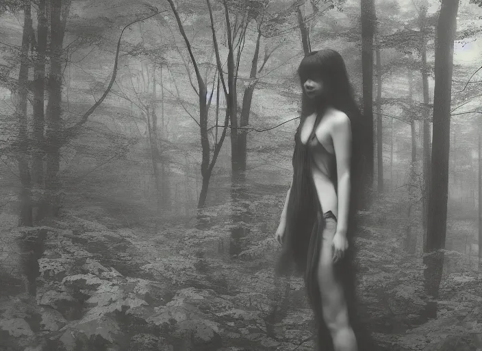 Image similar to a female model with long black hair, standing in a dense misty forest of fern leaves wearing camouflage by yohji yamamoto, in the style of daido moriyama, double exposure, photography, camera obscura, black and white, sumi - e, superr 8 mm film