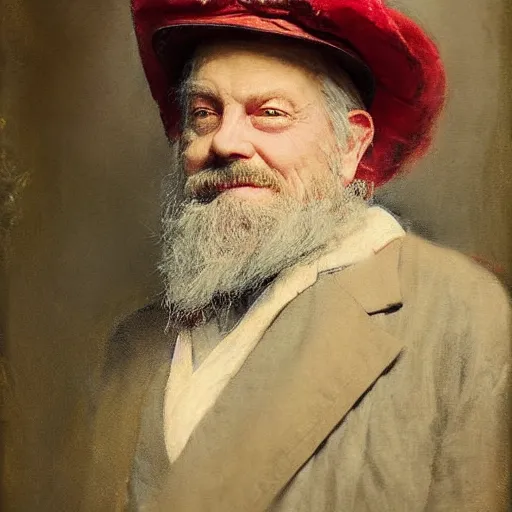 Image similar to Solomon Joseph Solomon and Richard Schmid and Jeremy Lipking victorian genre painting portrait painting of a old rugged actor wizard wearing a wizard hat and robe from the hobbit , red background