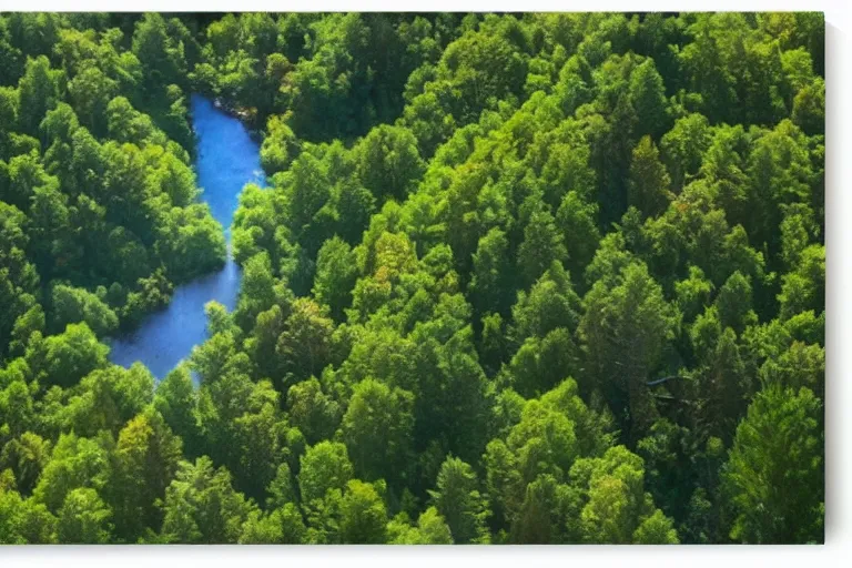 Prompt: top down view of lush pine forest, many witch houses, river flowing through the forest by thomas cole by justing gerard