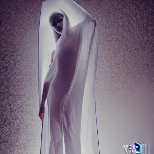 Image similar to high fashion photography of a model in neo futurism white sci - fi transparent cloth, beautifully lit