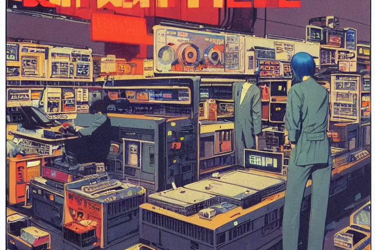 Image similar to 1979 Popular science Magazine Cover of an electronics stall in neo-Tokyo in cyberpunk style by Vincent Di Fate