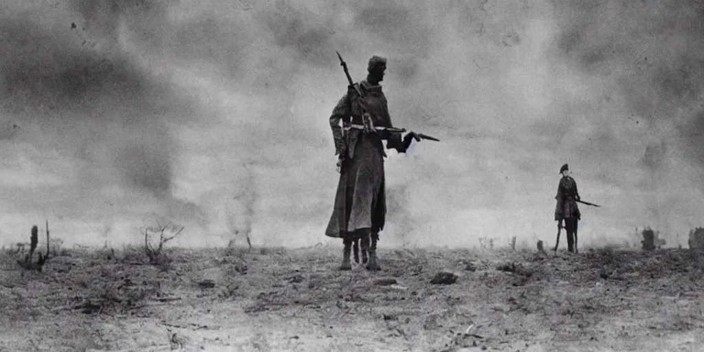 Image similar to scary unproportionable tall ghost creature in the middle of a battlefield, 1900s picture