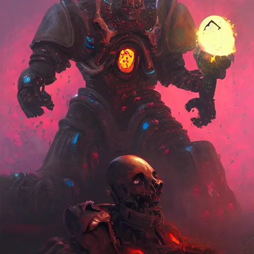 Image similar to necromancer fights a robot, trending on artstation, detailed art, oil painting, high fantasy, horror, science fiction