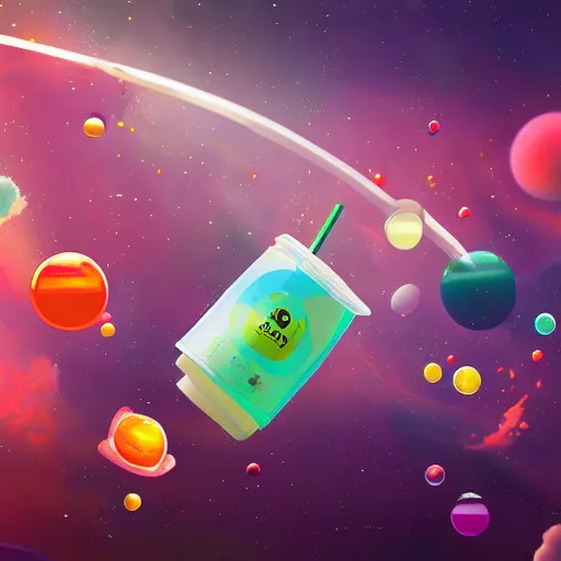 Prompt: bubble tea in space, award winning, 4k, digital art, colorful, volumetrics, hyper detailed, cinematic lighting