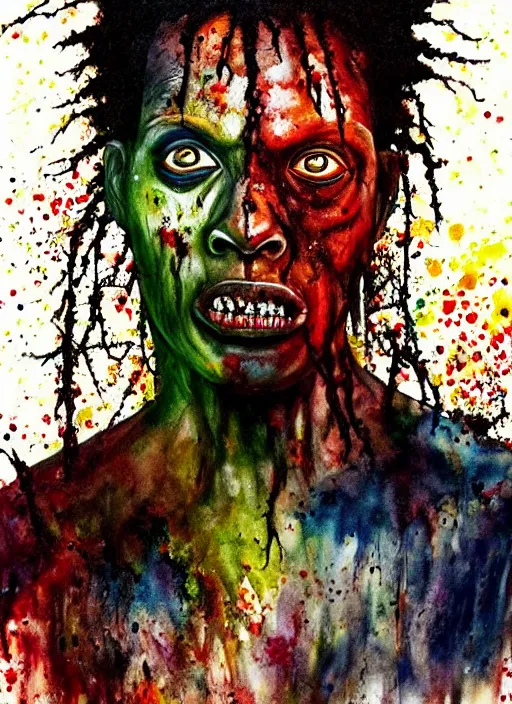 Image similar to african american zombie hollywood artwork professional acting headshot, hyperrealism, intricate detail, studio lighting, charming expression gesicht, hauntingly beautiful zombie, watercolor art, epic, legendary, drawn and painted, colored layers, dulled contrast, exquisite fine art, splatterpaint