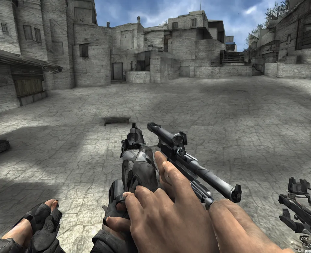 Prompt: first person shooter point of view, counter strike in the style of lucian frued