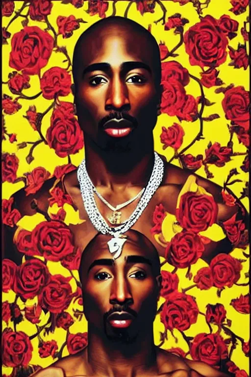 Image similar to Tupac, portrait by Kehinde Wiley!!, roses, oil paint on canvas,