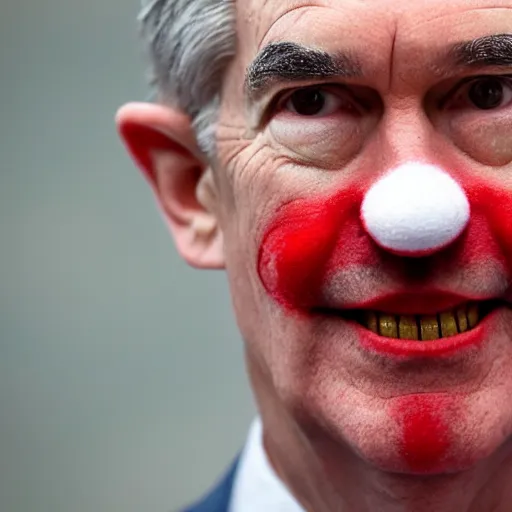 Image similar to Jerome Powell with colorful clown makeup all over his face whiteface