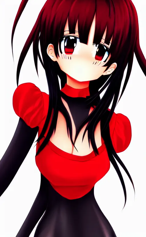 Image similar to anime girl with a detailed face and black hair in a red outfit, full body, trending, low angle, worms eye view, illustration,