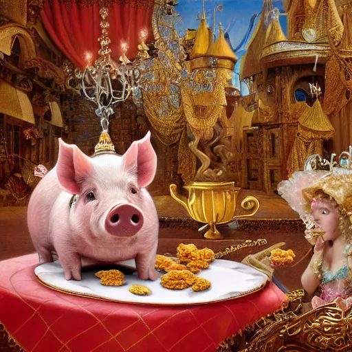 Prompt: pig wearing gold crown eating pork rind snacks, Realistic, Regal, Refined, Detailed Digital Art, Michael Cheval, Walt Disney (1937), François Boucher, Oil Painting, Steampunk, Highly Detailed, Cinematic Lighting, Unreal Engine, 8k