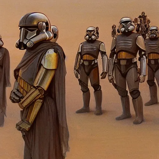 Image similar to study of star wars masked byzantine sutrmtroopers on the art deco streets of the giedi prime city of dune during the festival of masks, award - winning realistic sci - fi concept art by beksinski, bruegel, greg rutkowski, alphonse mucha, and yoshitaka amano