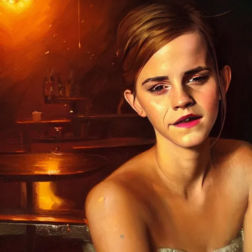 Image similar to highly detailed painting of emma watson drunk in a club, stephen bliss, 8 k, by greg rutkowski, loish, rhads, artgerm, ferdinand knab, makoto shinkai and lois van baarle, ilya kuvshinov, rossdraws, global illumination, radiant light, detailed and intricate environment