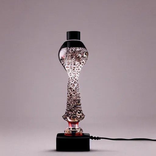 Image similar to a table lamp designed by christian dior in the shape of a perfume bottle, advertising photography, intricate details, gradient studio background, bokeh