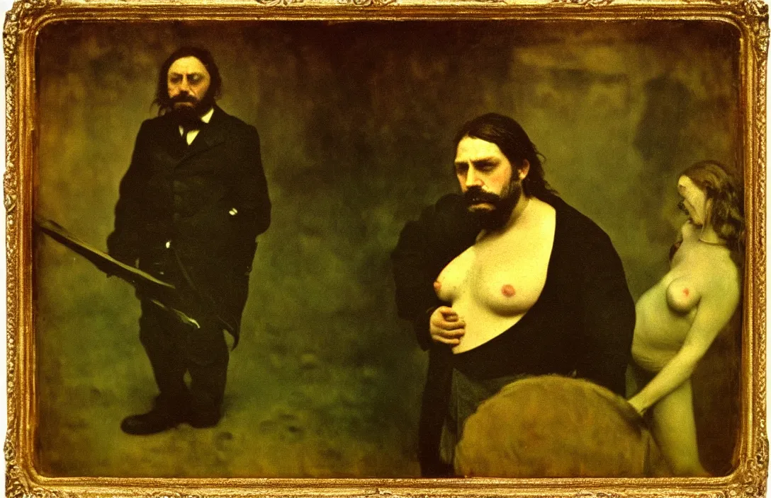 Image similar to main protagonist gustave courbet and french realism work of art intact flawless ambrotype from 4 k criterion collection remastered cinematography gory horror film, ominous lighting, evil theme wow photo realistic postprocessing a painting requires a little mystery, some vagueness, and some fantasy. edgar degas ( 1 9 6 2 ) directed by cinematography by kubrick