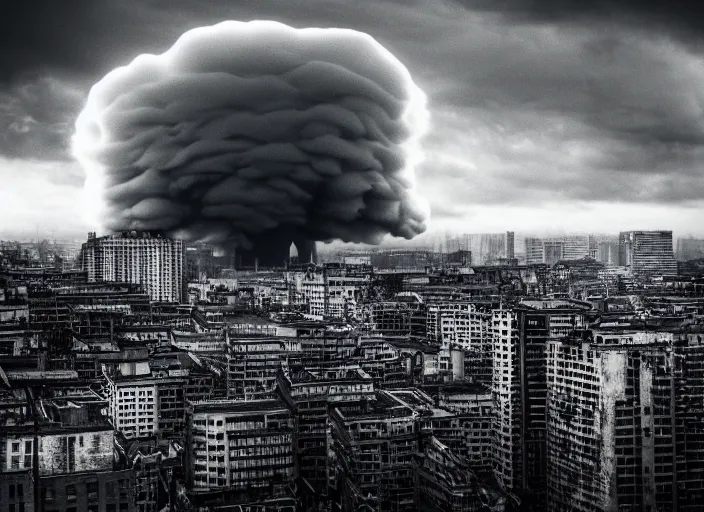 Prompt: nuclear cloud in the city . Horror dystopia style. Highly detailed 8k. Intricate. Nikon d850 300mm. Award winning photography.