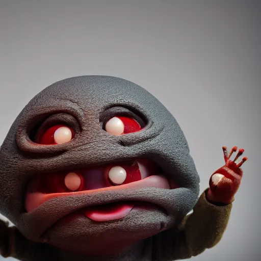 Image similar to photo of a comically tiny clay model of an angry baby rocky magma creature with a volcanic body and large childlike eyes leans close to the camera, fish eye lens, 4 k, hyper realistic, hyper detailed face, octane render, comedic, cute