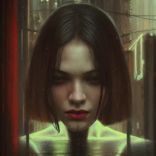 Image similar to detailed portrait of a woman, moment, cyberpunk cloisters, electronic billboards, tech noir, wet reflections, atmospheric, ambient, livia prima, greg rutkowski, edward hopper
