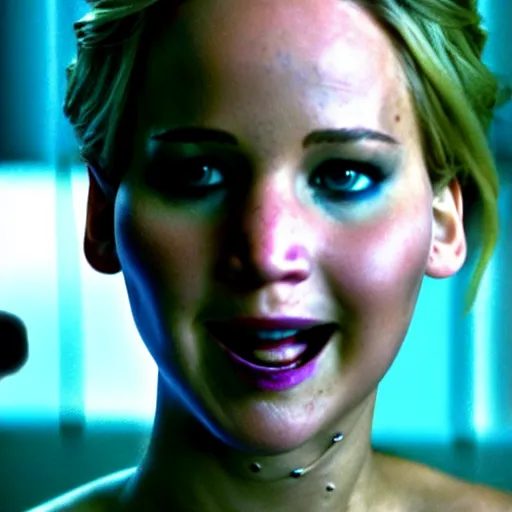 Image similar to cinematic jennifer lawrence as frankensteins monster, color photography, sharp detail, she is amused, still from the movie avengers