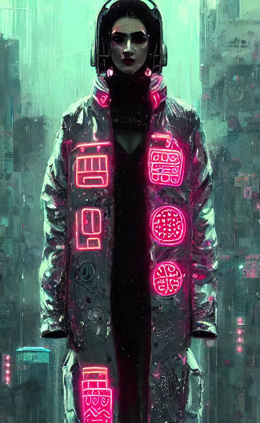 Image similar to detailed portrait virgul, neon operator, cyberpunk futuristic neon, reflective puffy coat, decorated with traditional japanese ornaments by ismail inceoglu dragan bibin hans thoma greg rutkowski alexandros pyromallis nekro rene maritte illustrated, perfect face, fine details, realistic shaded, fine - face, pretty face