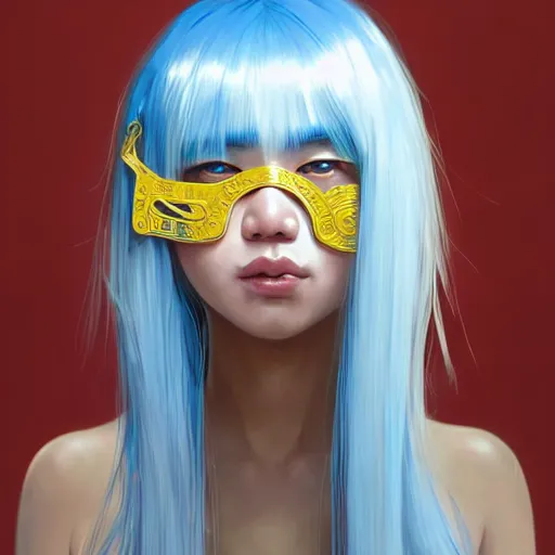 Prompt: filipino girl blue - yellow hair, metal plate, nasal strip, nose cast, intricate, elegant, highly detailed, my rendition, digital painting, artstation, concept art, smooth, sharp focus, illustration, art by artgerm and greg rutkowski and alphonse mucha and uang guangjian and gil elvgren and sachin teng, symmetry!!