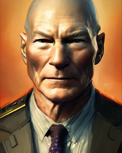 Image similar to a highly detailed portrait of Sir Patrick Stewart as Captain America, by greg rutkowski and android jones in a surreal portrait style, oil on canvas, ancient cyberpunk 8k resolution, masterpiece