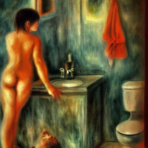 Prompt: disturbing grunge picture of a dirty bathroom 1 9 7 2. horror airbrush art, by auguste renoir