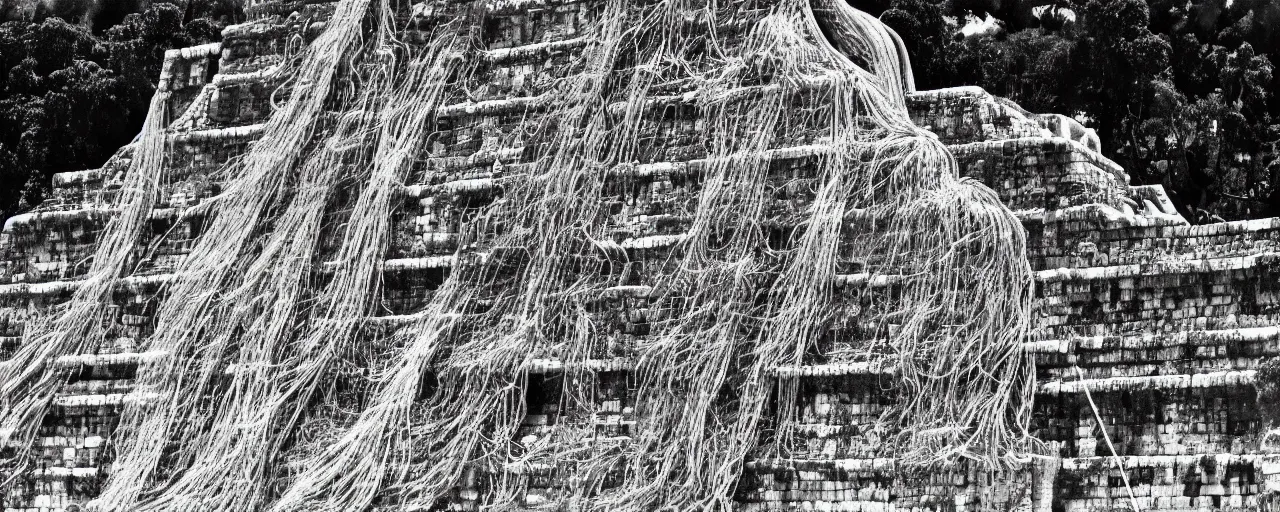 Image similar to spaghetti growing on top of chichen itza, 1 5 0 0's, fine detail, sigam 2 0 mm, in the style of galen rowell, retro,