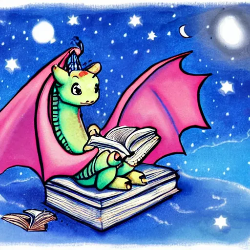 Prompt: cute dragon reading a book underneath the stars