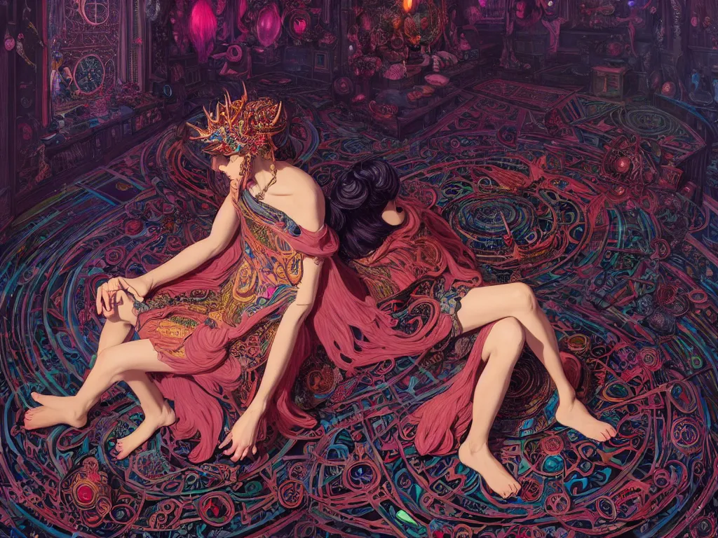 Image similar to high angle picture of a maximalist dress witch sitting on the floor and researching about the azathoth, extremely beautiful and aesthetic and detailed cute face, very huge magic circles on the hand, with familiar sprites, in the magic room, chiaroscuro, intricate, masterpiece, fantasy illustrations by ilya kuvshinov and jeremy lipking and quentin mabille